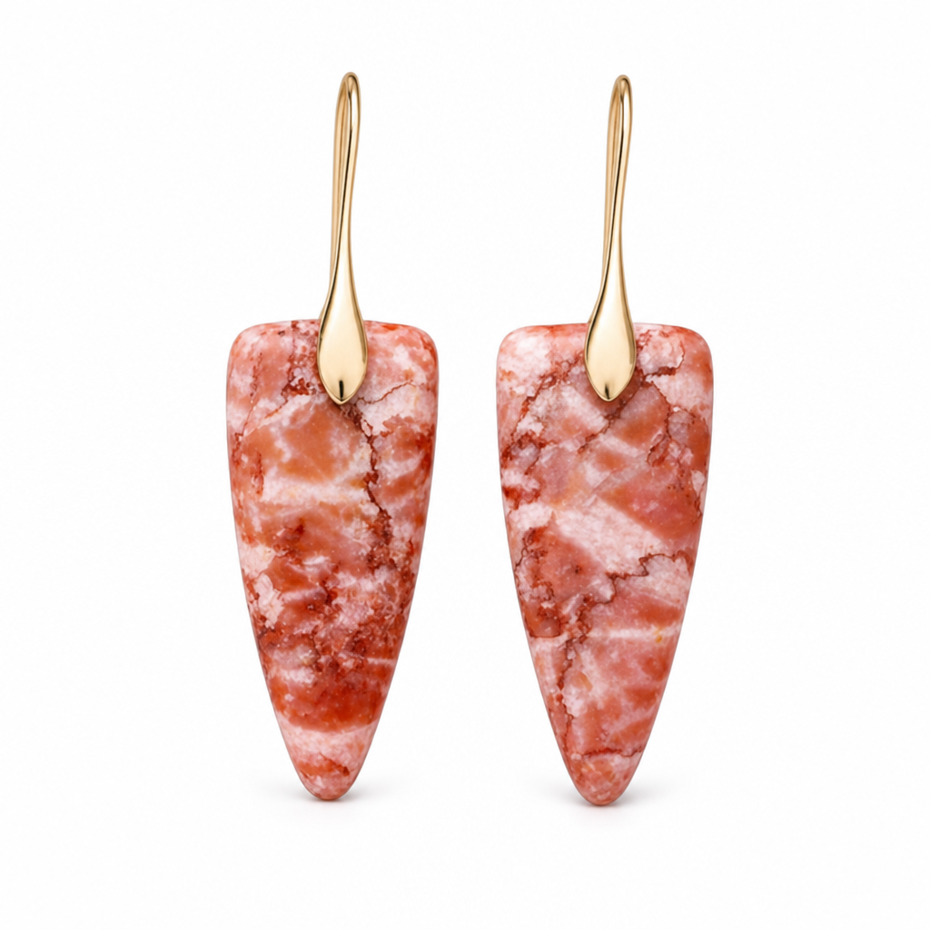 White background product image of the gold coral natural stone geometric earrings.