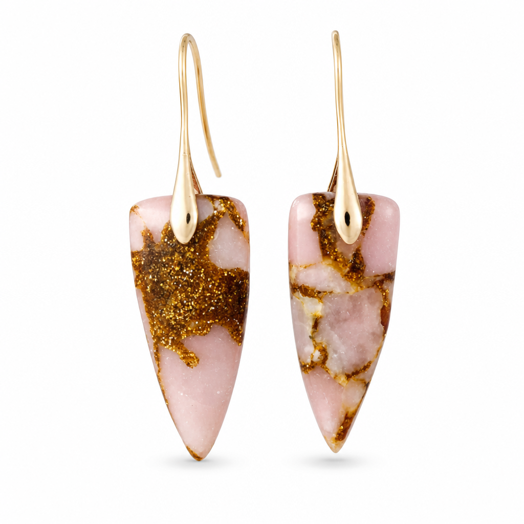 Gold pink natural stone geometric earrings on a clean white background.