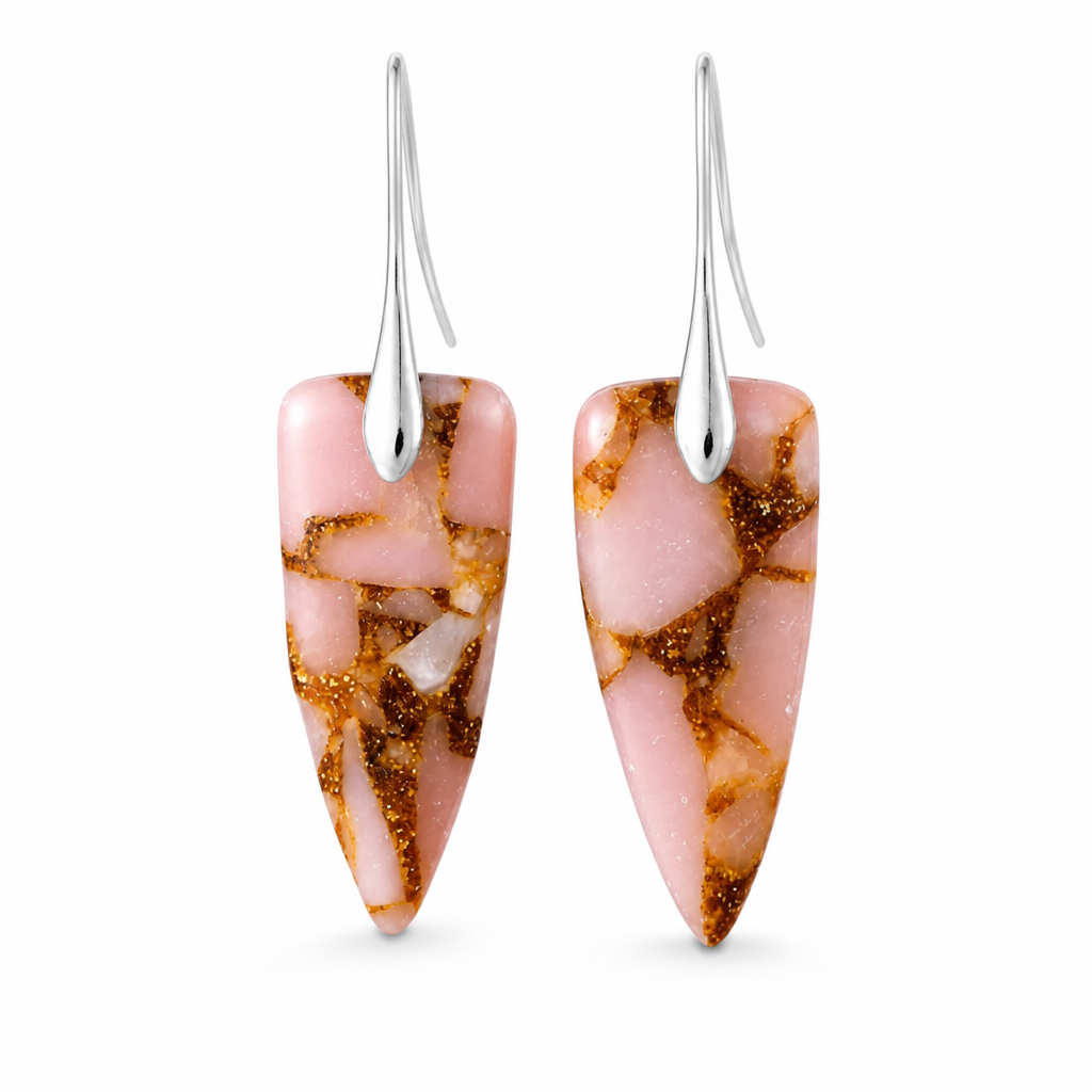 Silver Coral Natural Stone Geometric Earrings White Master showing soft coral natural stone drops with silver-tone hooks.