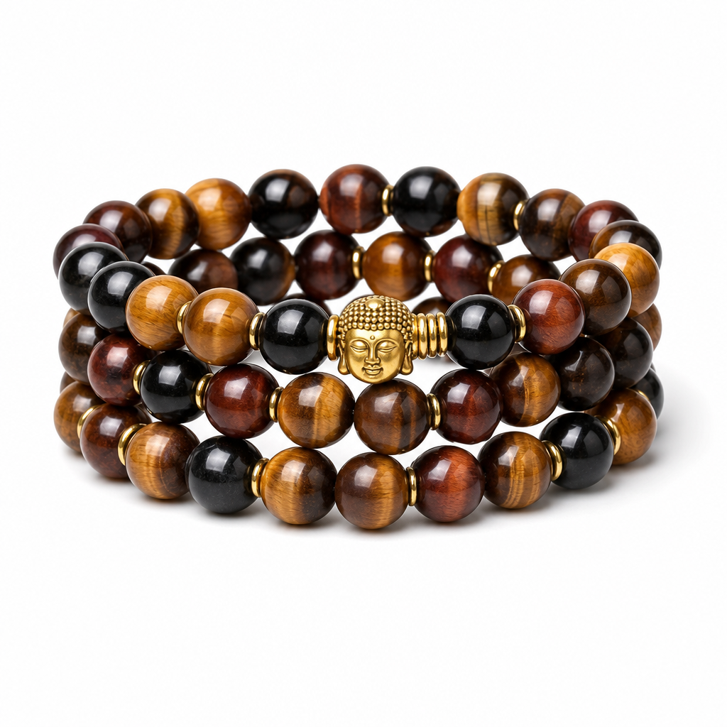 Tiger Eye Buddha Bead Bracelet White Master product image featuring Tiger Eye.