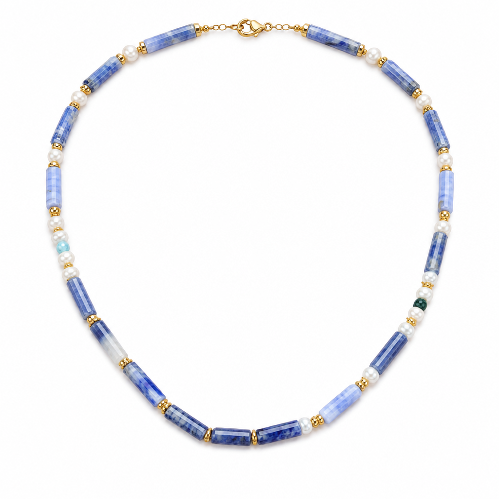 White background product image of the blue chalcedony and freshwater pearl necklace.