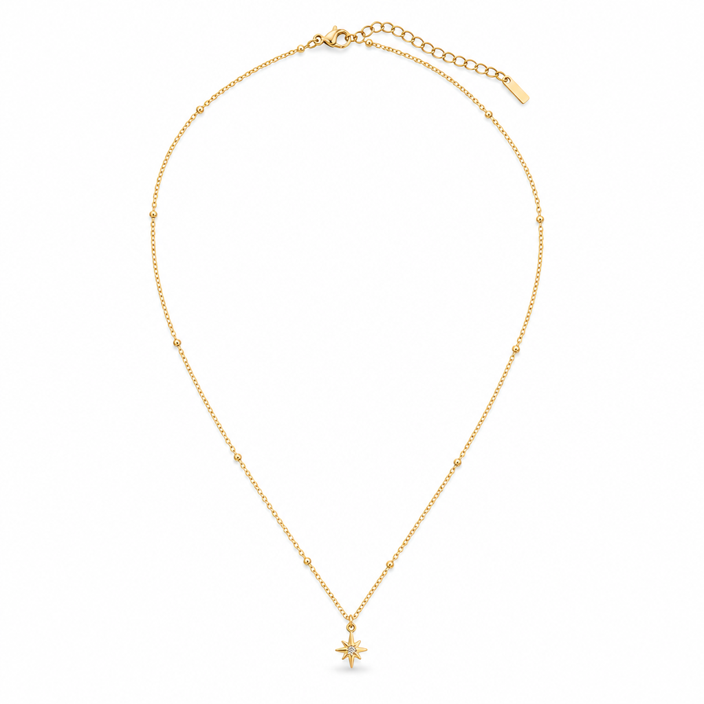 18K Gold Plated Star Pendant Necklace With Zircon White Master showing a delicate gold-tone star pendant necklace.