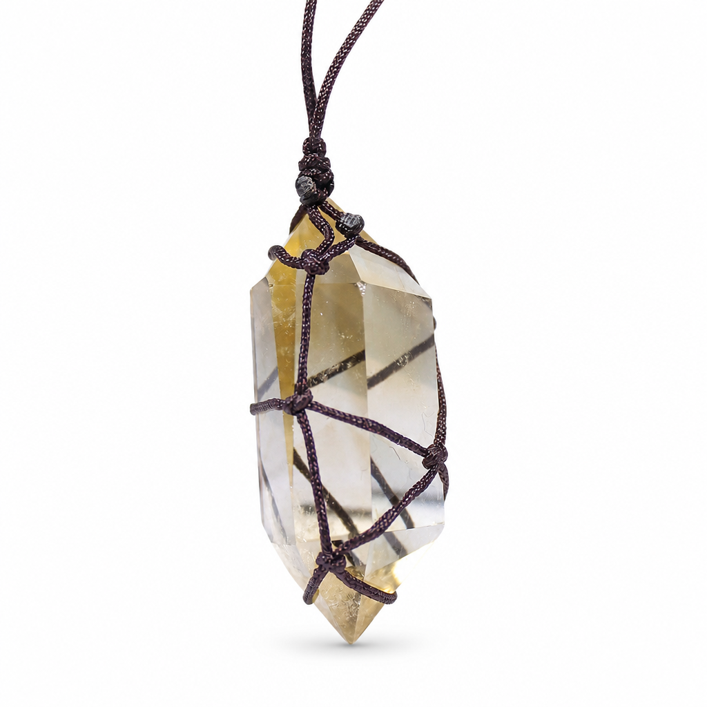 Double Point Crystal Mesh Wrapped Pendant Necklace White Master showing a mesh-wrapped double point crystal pendant necklace