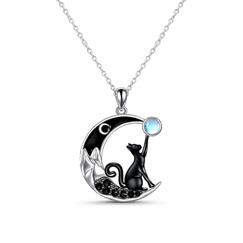 Black Cat Moonstone Moon Pendant Necklace White Master product image featuring Moonstone.