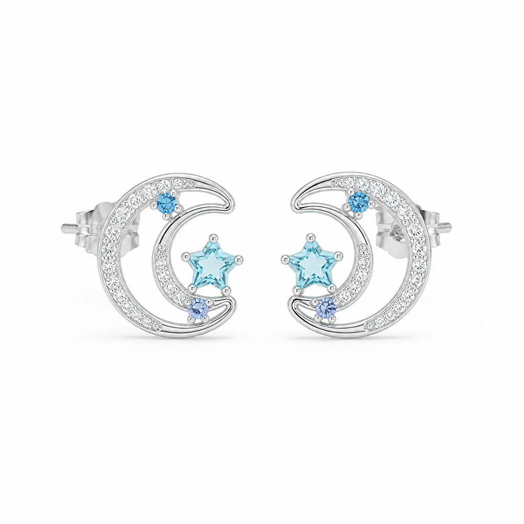 Blue Zircon Moon Star Stud Earrings White Master product image featuring Blue Zircon.