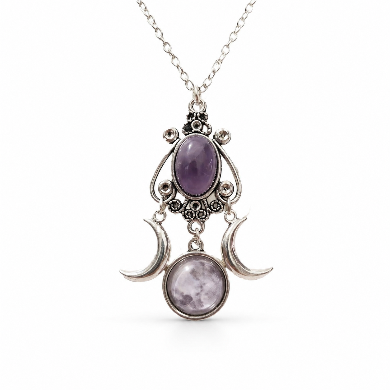 Triple Moon Goddess Amethyst Alloy Necklace White Master product image featuring Amethyst.