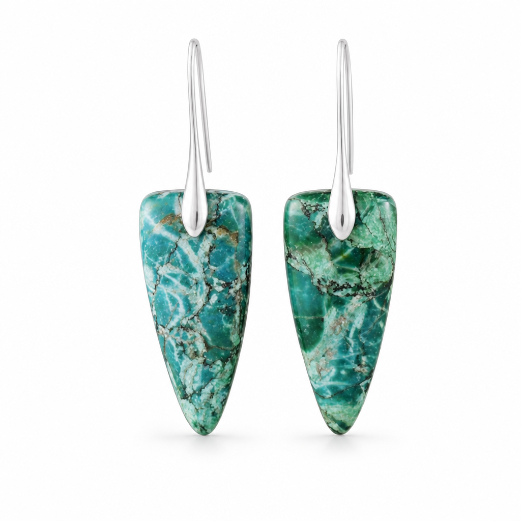 Silver Green Natural Stone Geometric Earrings White Master product image featuring Platinum Plated.