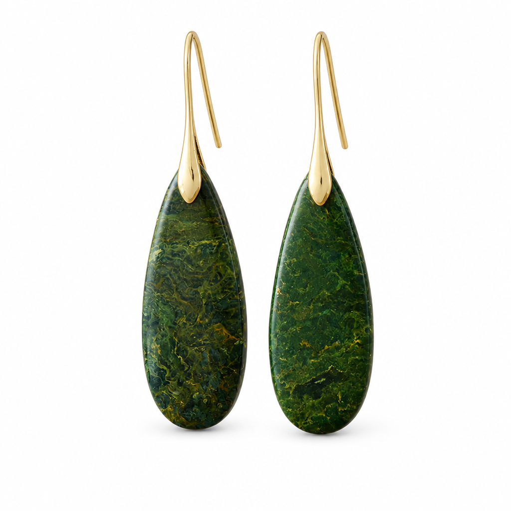 Gold green natural stone waterdrop earrings on a clean white background.