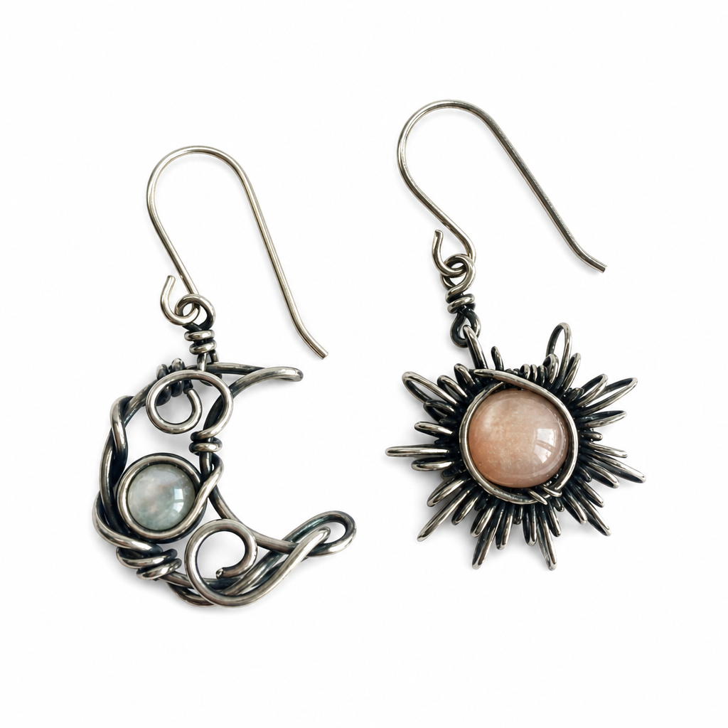 Moonstone Moon & Sun Dangle Earrings white-background reference image.