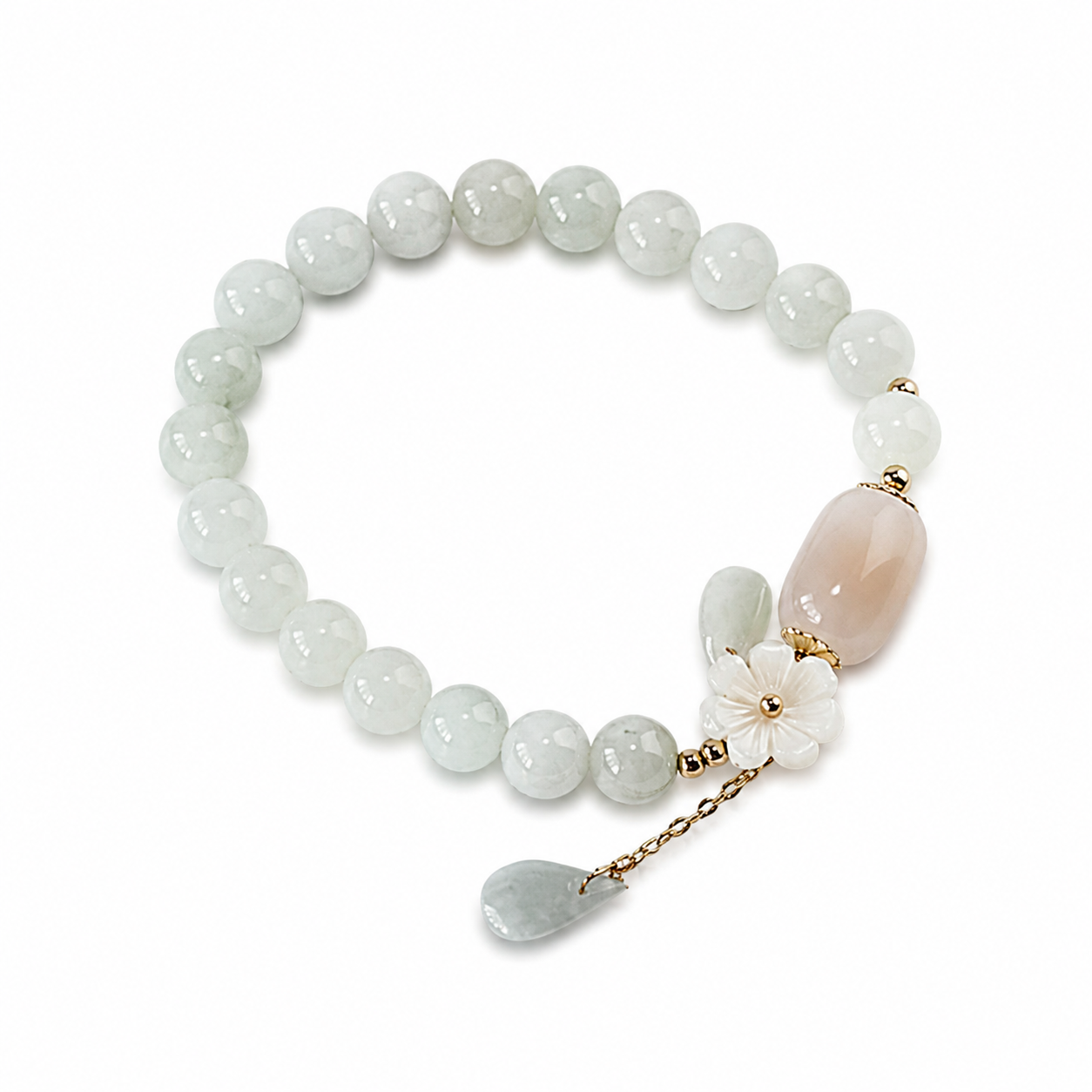 White background reference image of the Shell Flower Jade Water Drop Bracelet.