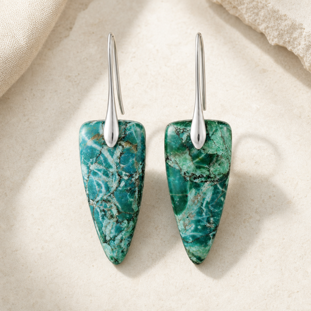 Silver Green Natural Stone Geometric Earrings Hero Main product image featuring Platinum Plated.