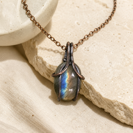 Wire Wrapped Labradorite Pendant Necklace Hero Main product image featuring Labradorite.