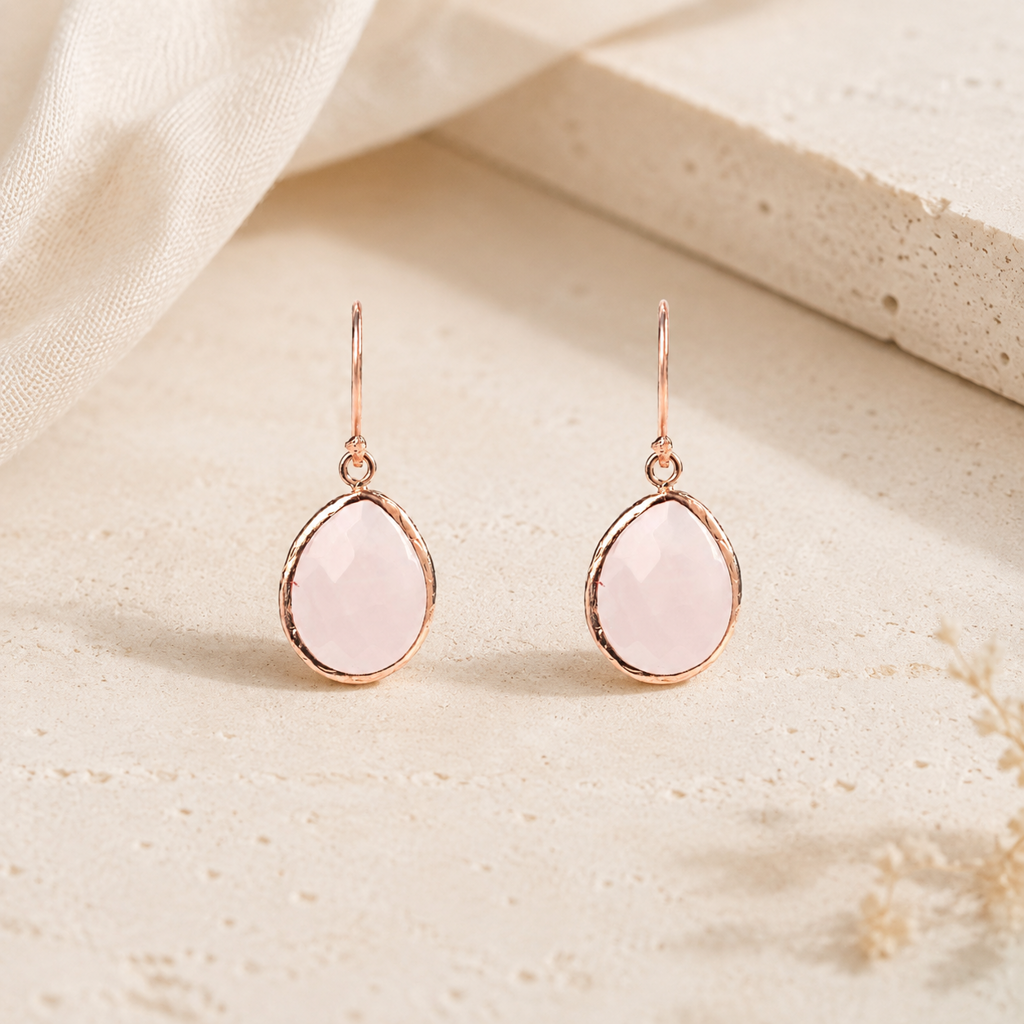 Petite Drop Earrings Rose Quartz Rosegold Hero Main product image featuring Rose Quartz.