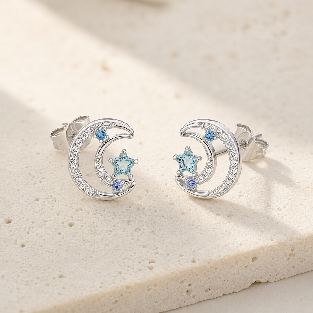 Blue Zircon Moon Star Stud Earrings Hero Main product image featuring Blue Zircon.