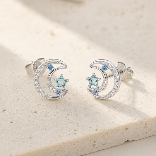 Blue Zircon Moon Star Stud Earrings Hero Main product image featuring Blue Zircon.