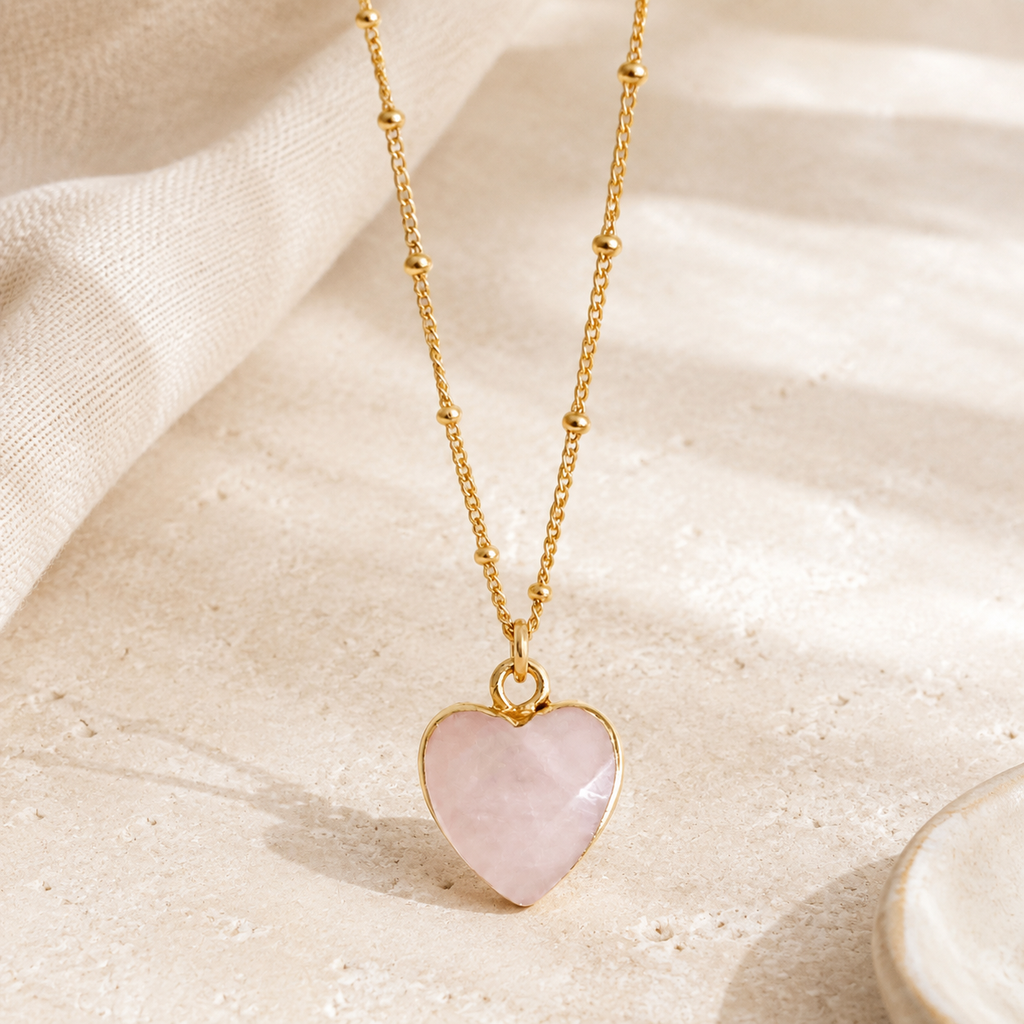 Rose Quartz Heart Necklace Hero Main product image featuring Rose Quartz.