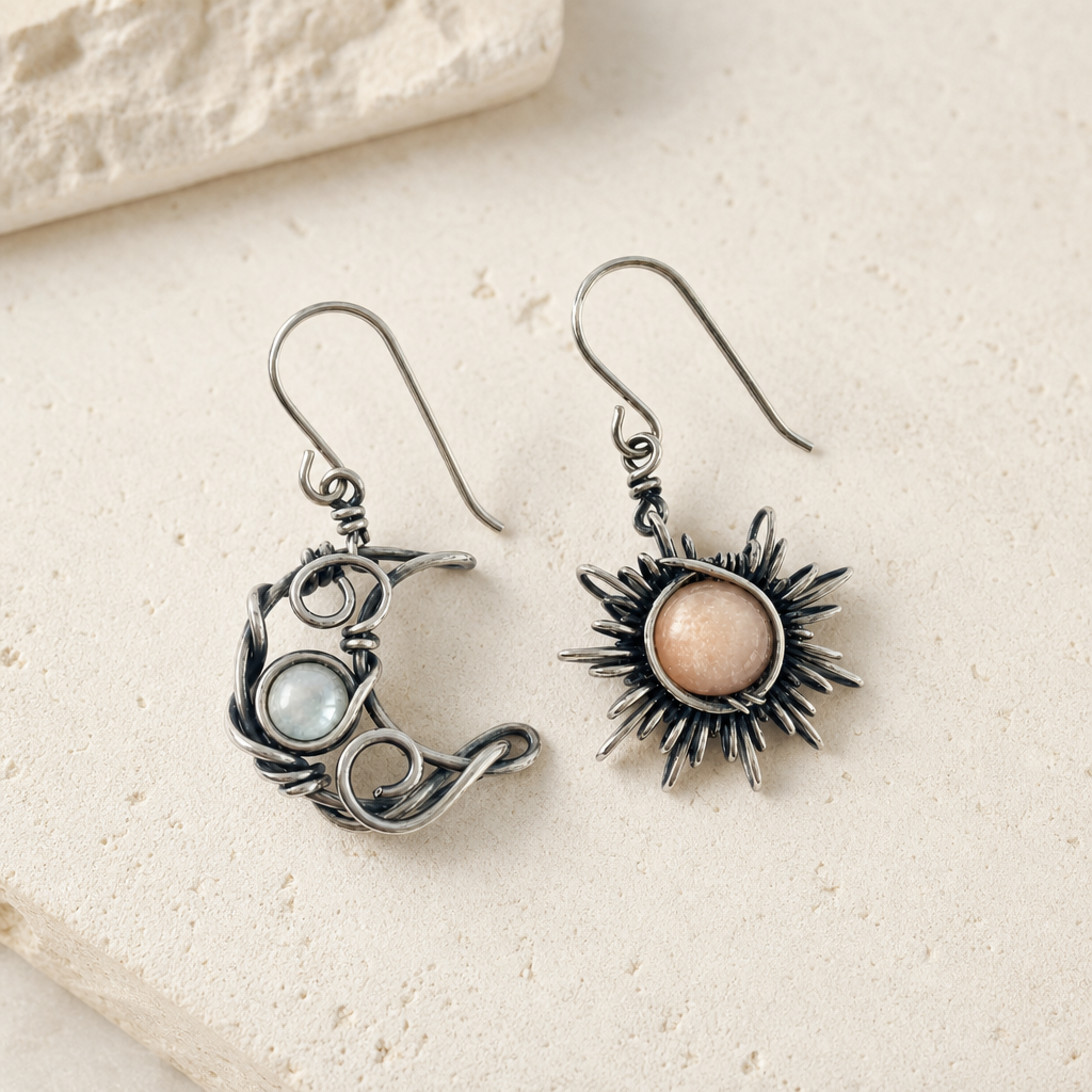 Moonstone Moon & Sun Dangle Earrings hero product image with silver-tone alloy.