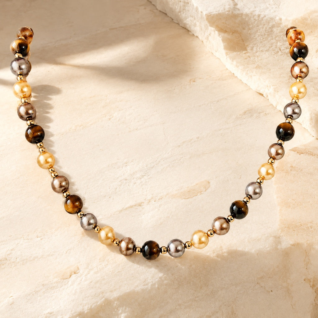 Tiger Eye & Pearl Beaded Necklace Hero Main product image featuring Tiger S Eye.