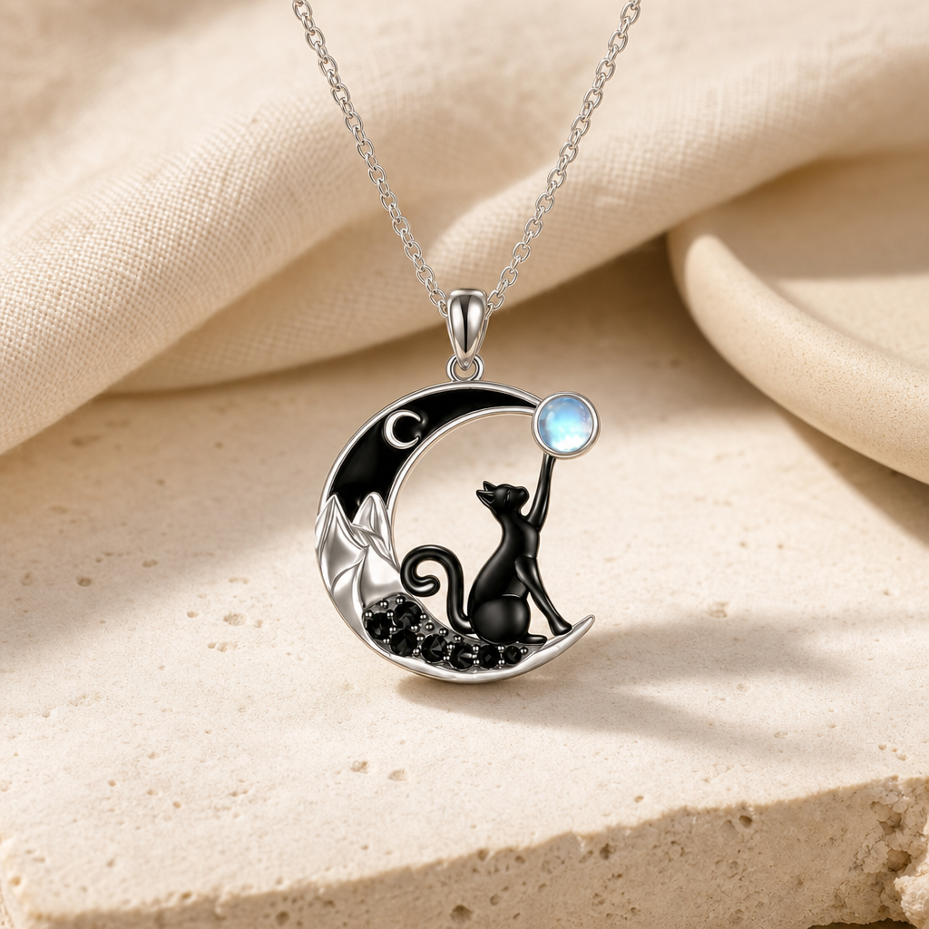 Black Cat Moonstone Moon Pendant Necklace Hero Main product image featuring Moonstone.