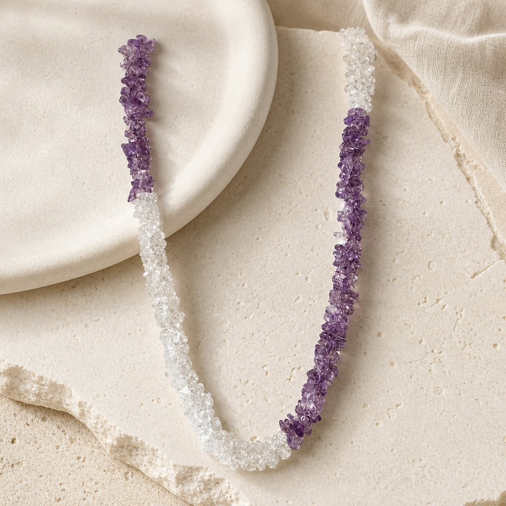 Amethyst & Clear Quartz Chip Necklace Hero Main image featuring amethyst and clear quartz.