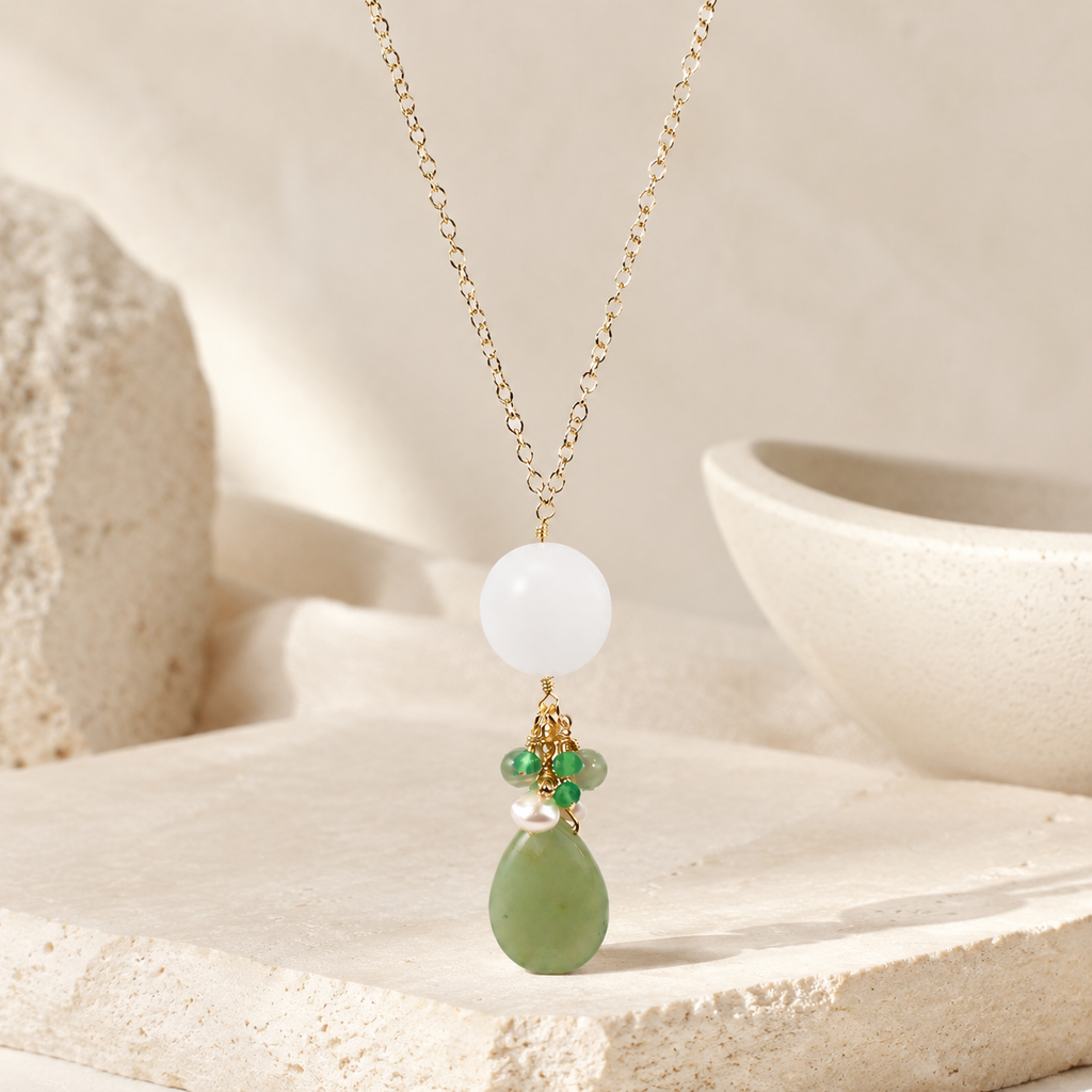 Jade And Sea Glass Drop Pendant Necklace Hero Main product image featuring Jade.