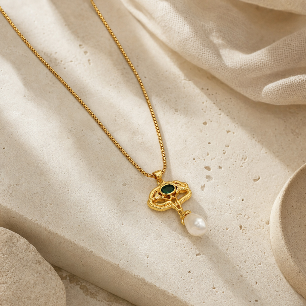 Freshwater Pearl Titanium Steel Geometric Necklace Hero Main product image featuring Freshwater Pearl.