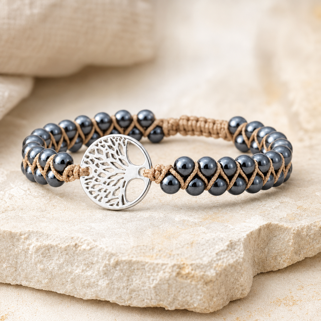 Natural Stone Braided Bracelet hero image in the silver color option.