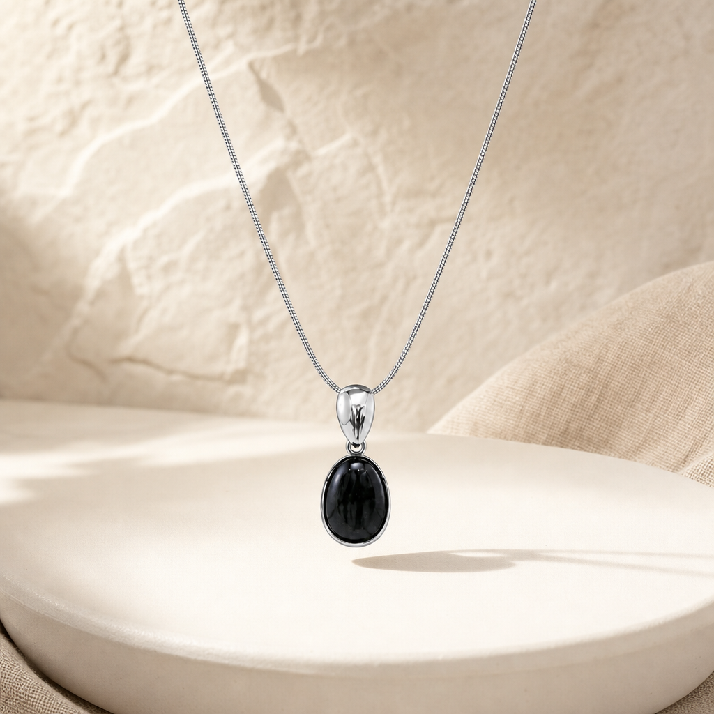 Black Onyx Silver Drop Pendant Necklace Hero Main product image featuring Black Onyx.