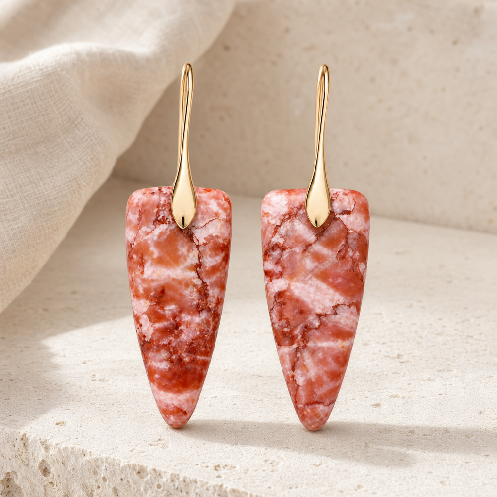 Gold coral natural stone geometric earrings with warm stone drops and gold-tone hooks.
