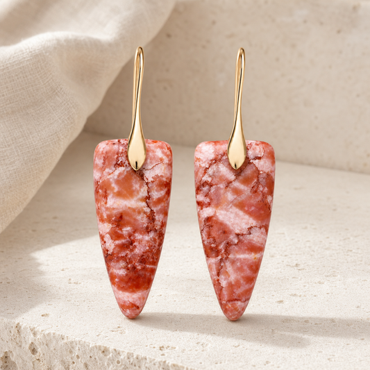 Gold coral natural stone geometric earrings with warm stone drops and gold-tone hooks.