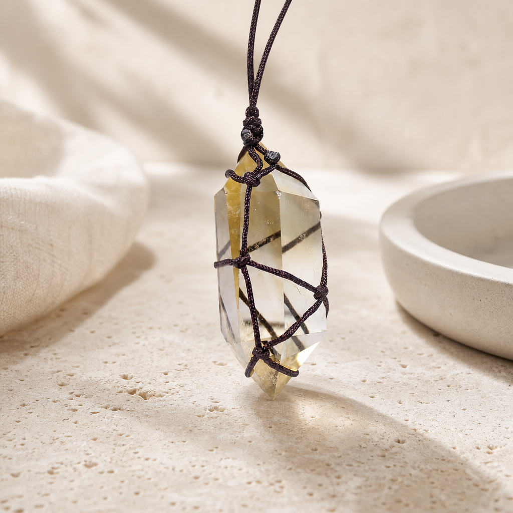 Double Point Crystal Mesh Wrapped Pendant Necklace Hero Main showing a mesh-wrapped double point crystal pendant necklace