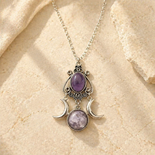 Triple Moon Goddess Amethyst Alloy Necklace Hero Main product image featuring Amethyst.