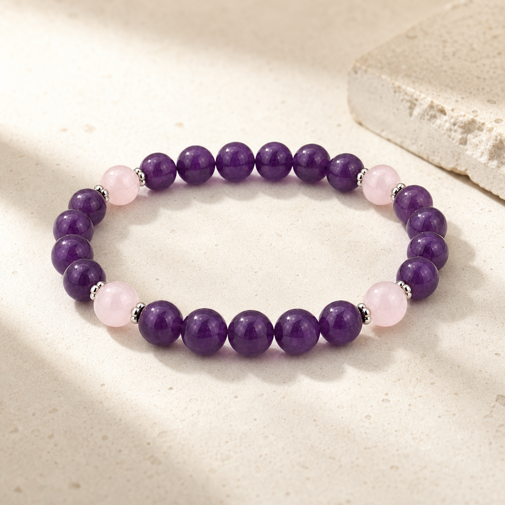 Amethyst & Rose Quartz Stretch Bracelet Hero Main product image featuring Rose Quartz.
