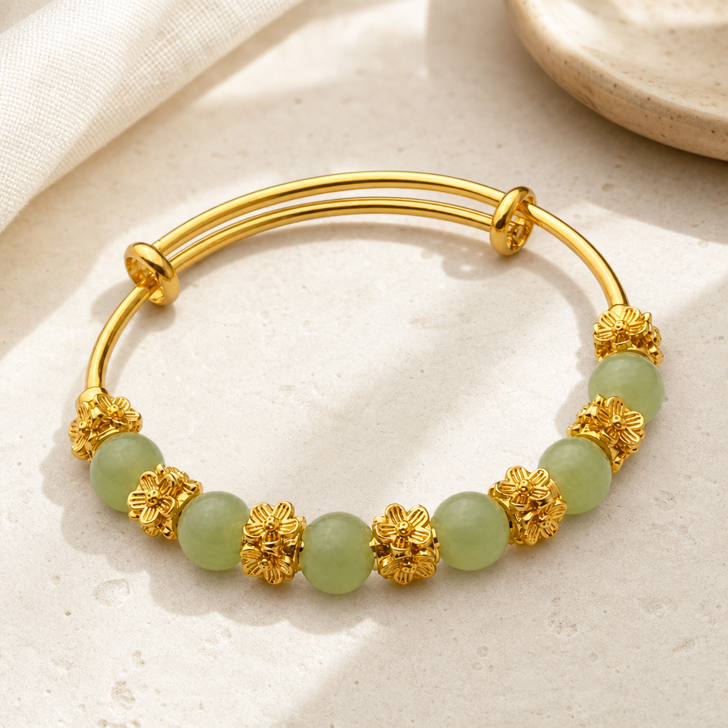 Green Chalcedony Flower Gold Tone Bracelet Hero Main product image featuring Chalcedony.