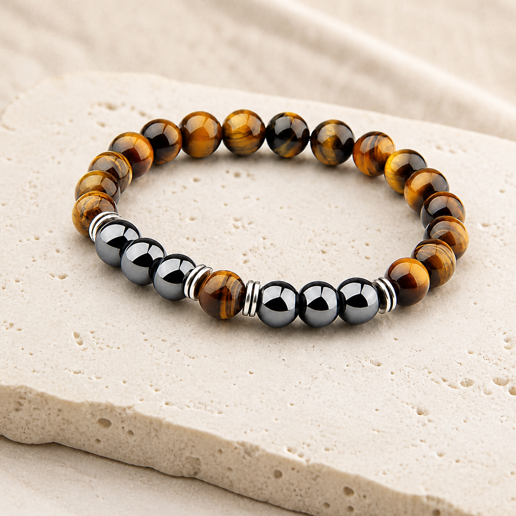 Yellow Tiger Eye & Black Obsidian Separator Bracelet Hero Main product image featuring Black Obsidian.
