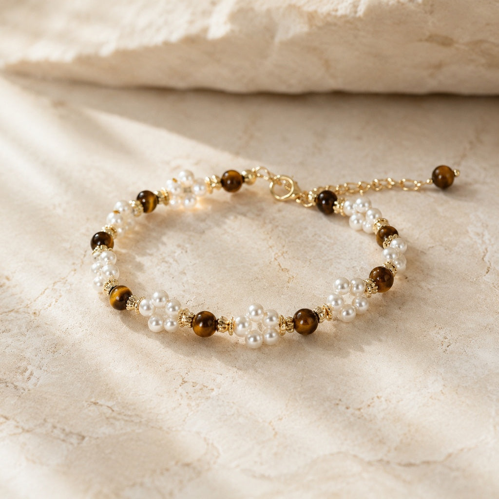 Pearl & Tiger Eye Stone Beaded Bracelet Hero Main product image featuring Tiger S Eye.