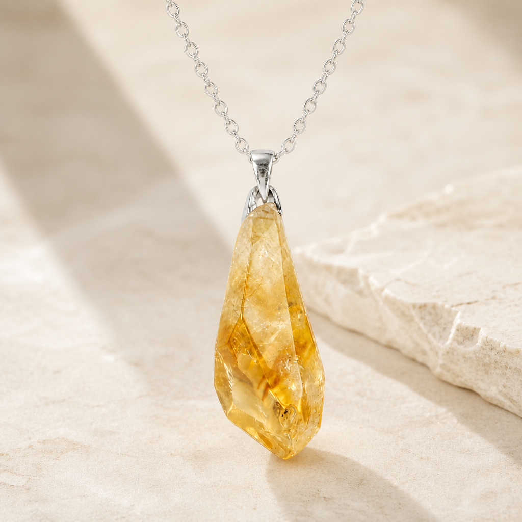 Citrine cluster pendant necklace on warm ivory stone surface.