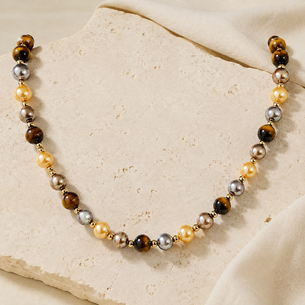 Tiger Eye & Pearl Beaded Necklace Hero Support A product image featuring Tiger S Eye.