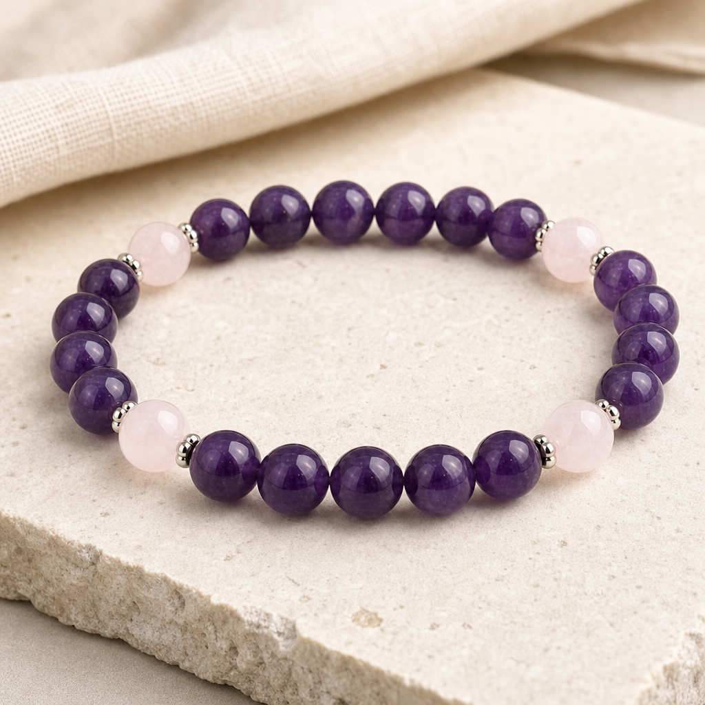 Amethyst & Rose Quartz Stretch Bracelet Hero Support A product image featuring Rose Quartz.