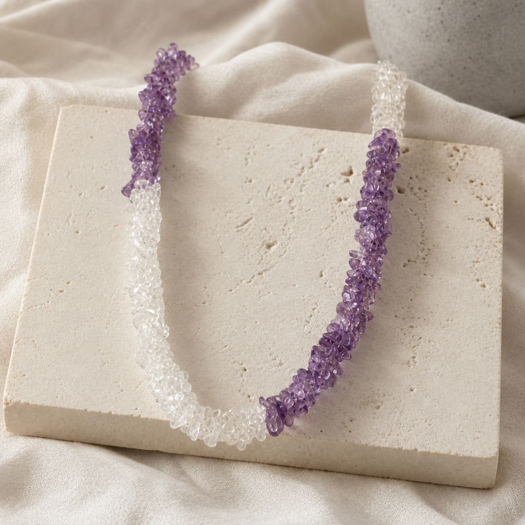 Amethyst & Clear Quartz Chip Necklace Hero Support A image featuring amethyst and clear quartz.