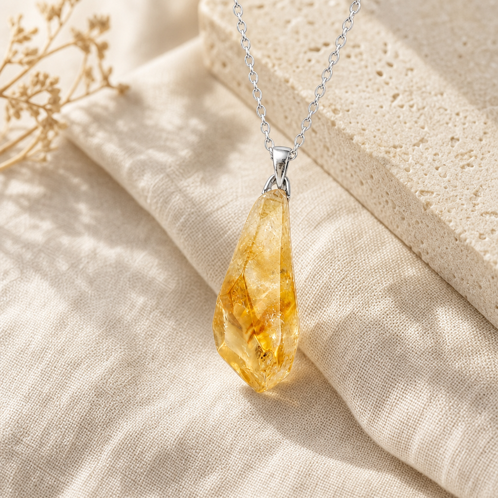 Yellow citrine tower pendant necklace with leather rope styling.
