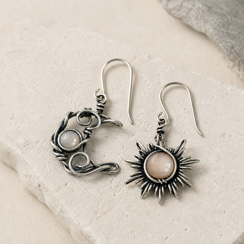 Moonstone Moon & Sun Dangle Earrings soft studio product image.