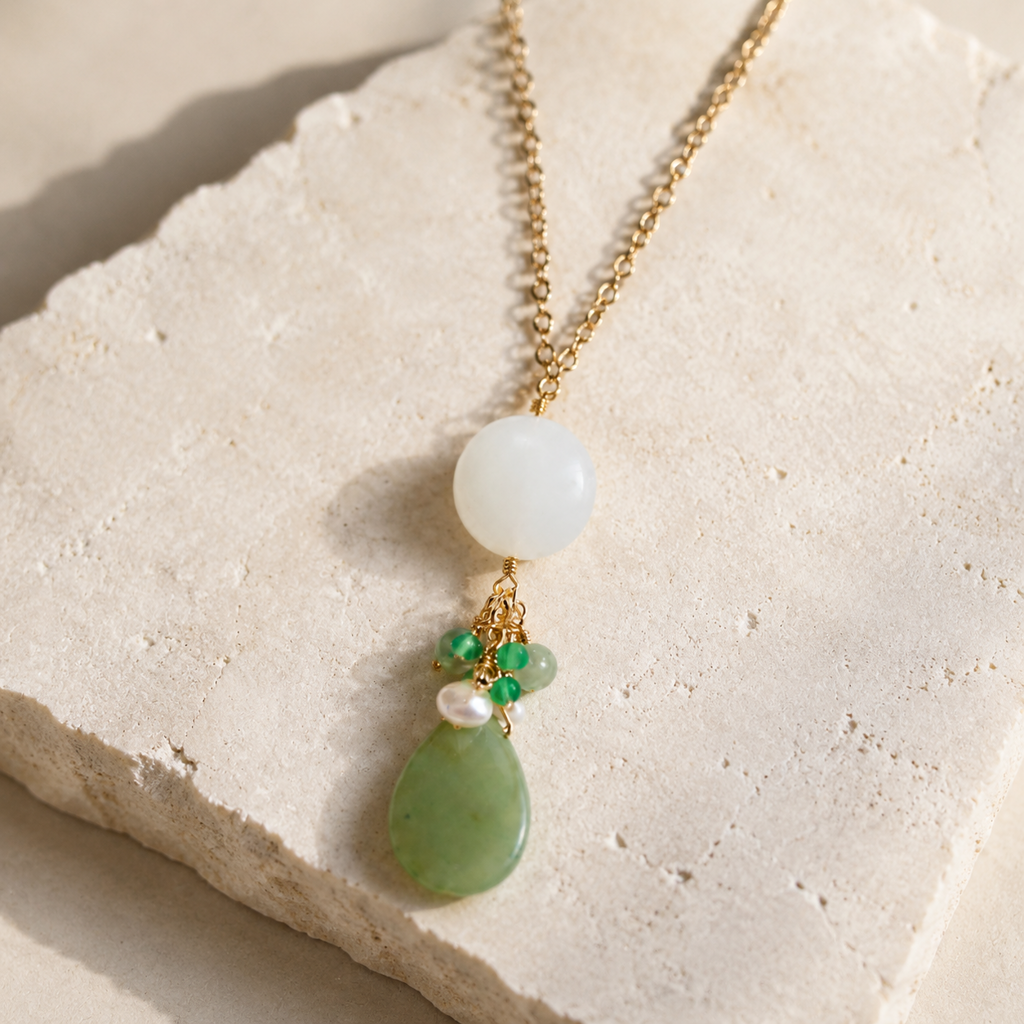 Jade And Sea Glass Drop Pendant Necklace Hero Support A product image featuring Jade.