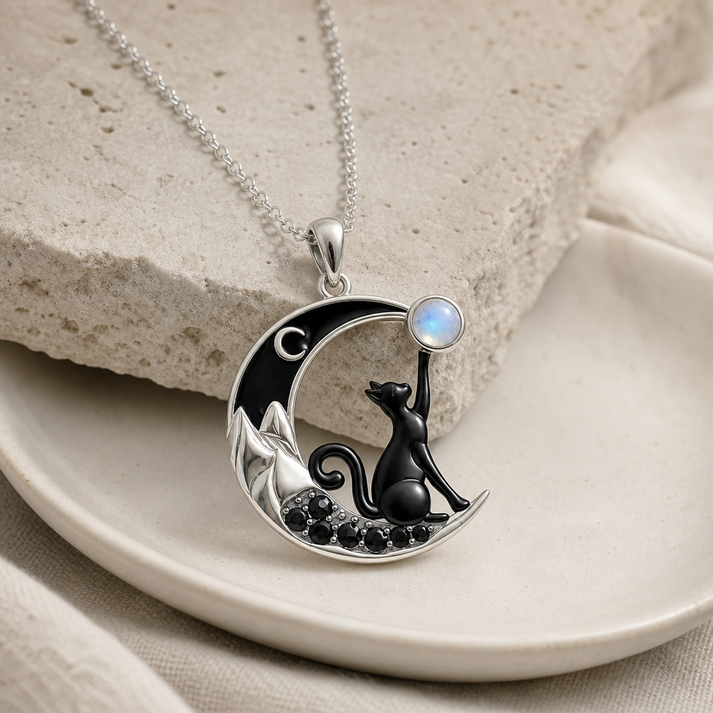 Black Cat Moonstone Moon Pendant Necklace Hero Support A product image featuring Moonstone.