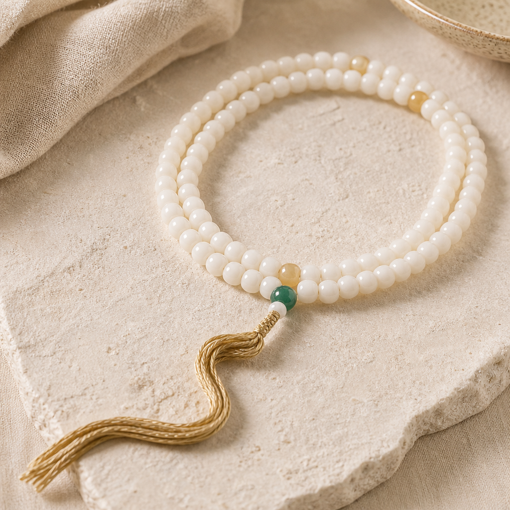 White Jade 108 Bead Wrap Bracelet Hero Support A product image featuring Jade.