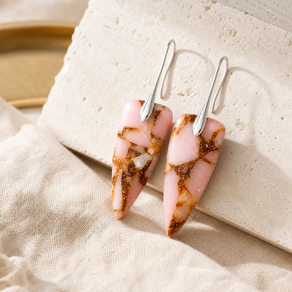Silver Coral Natural Stone Geometric Earrings Hero Support A showing soft coral natural stone drops with silver-tone hooks.