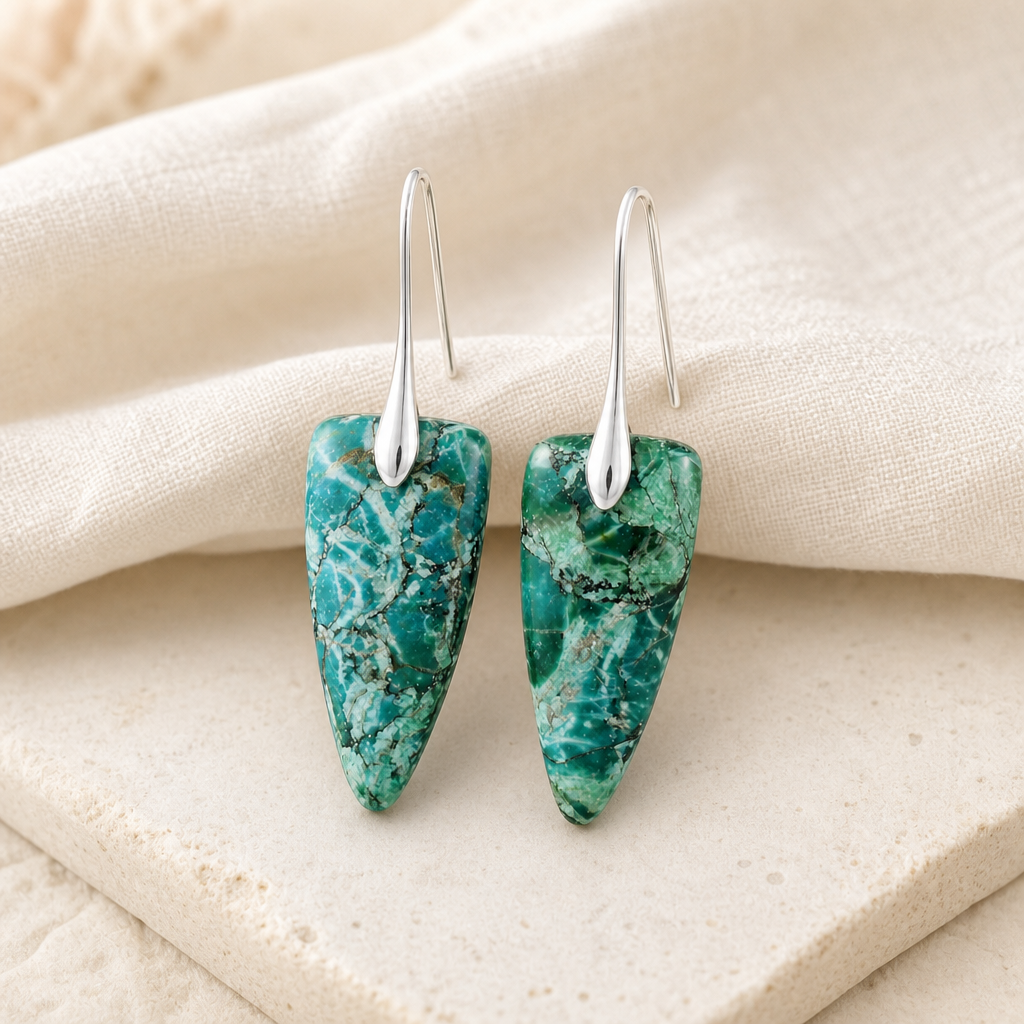 Silver Green Natural Stone Geometric Earrings Hero Support A product image featuring Platinum Plated.