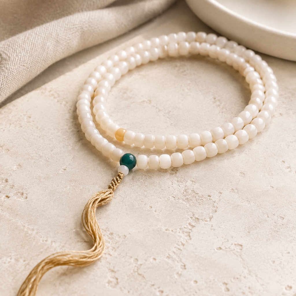 White Jade 108 Bead Wrap Bracelet Hero Support A product image featuring Jade.