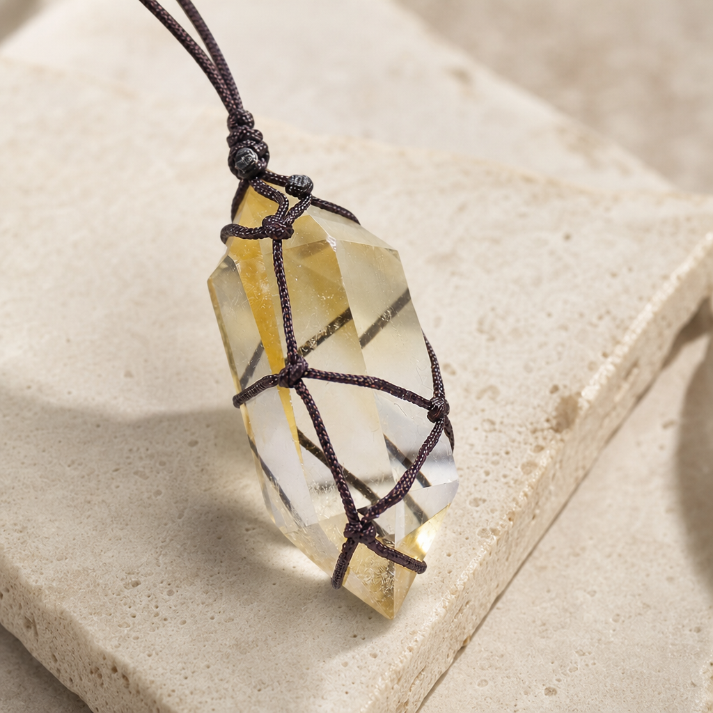 Double Point Crystal Mesh Wrapped Pendant Necklace Hero Support A showing a mesh-wrapped double point crystal pendant necklac