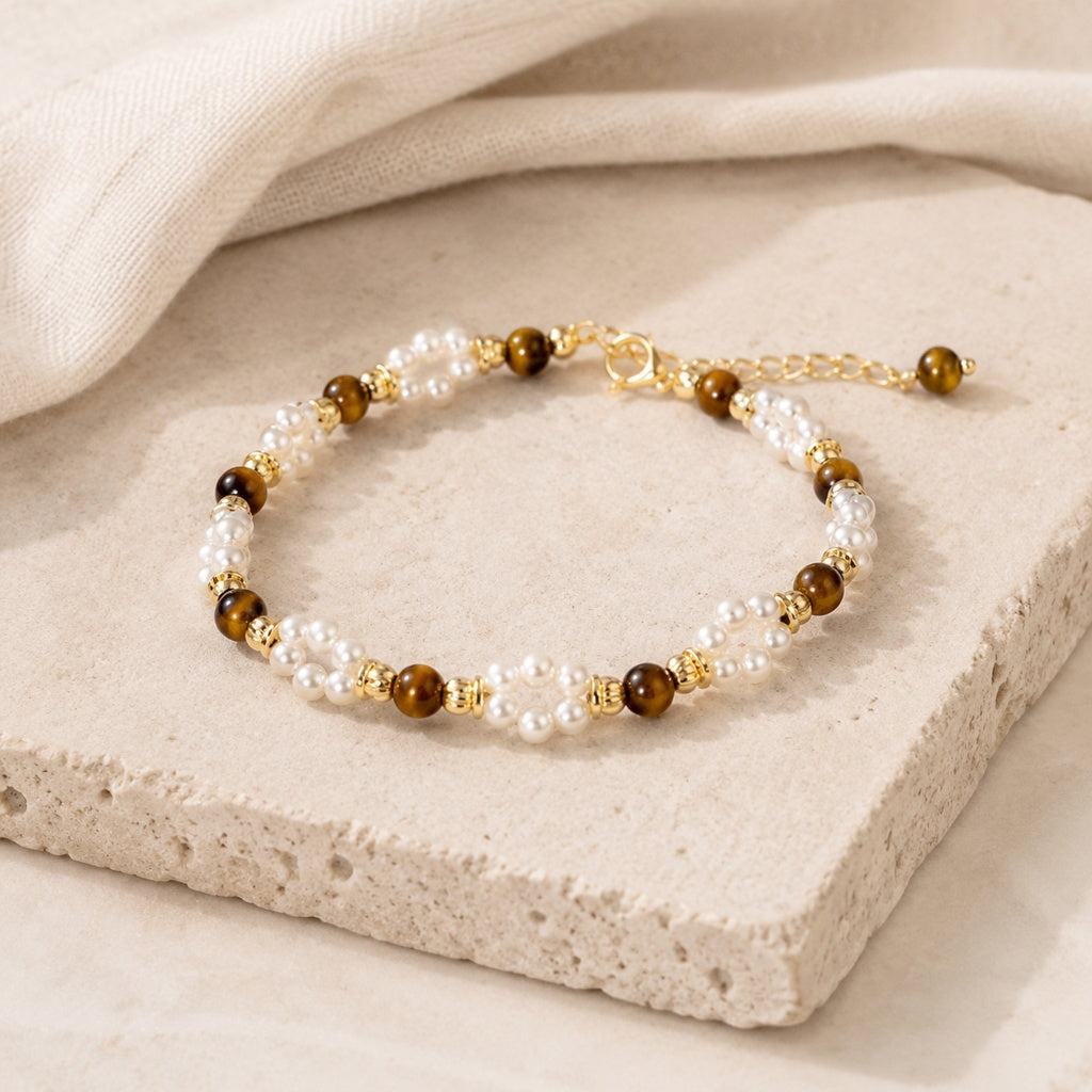Pearl & Tiger Eye Stone Beaded Bracelet Hero Support A product image featuring Tiger S Eye.